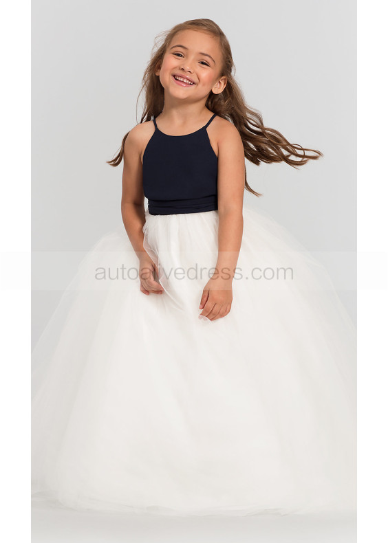 Navy Blue Chiffon Ivory Tulle Long Flower Girl Dress